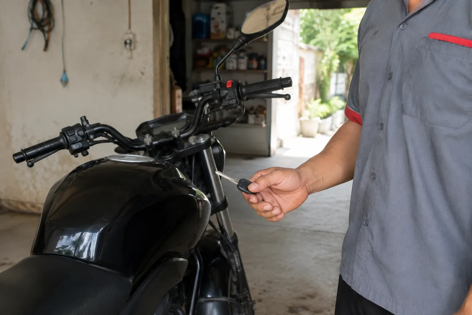 Technician holding a black-headed key beside a parked motorcycle.