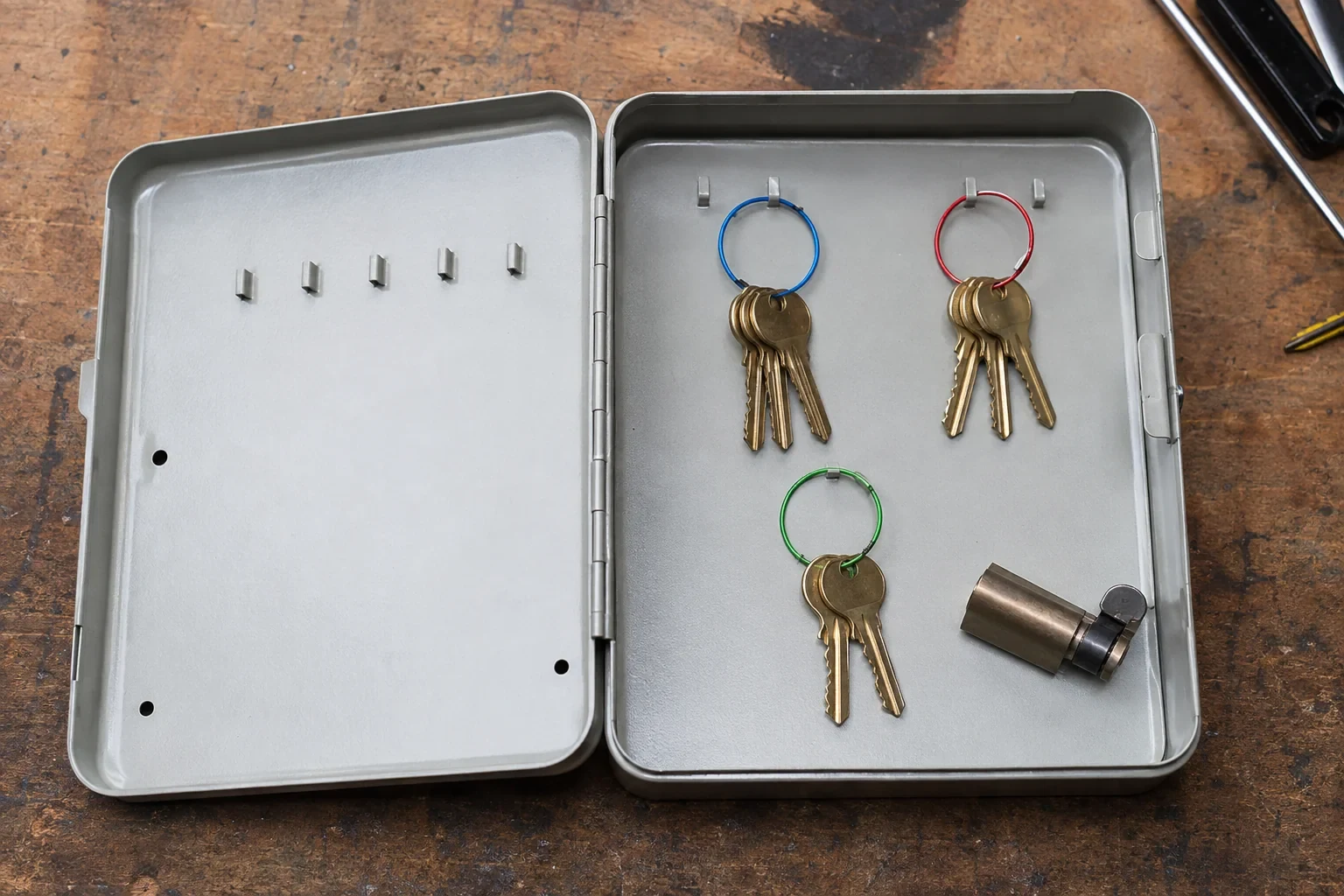 Three groups of keys on colored rings in an open metal key cabinet.