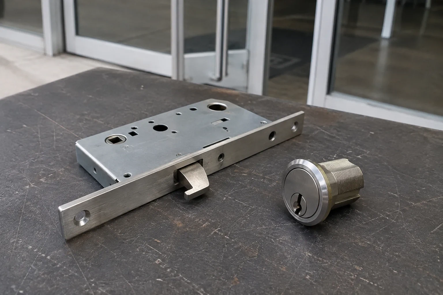 Detached mortise lock body with a projecting hook-shaped bolt beside a threaded cylinder.