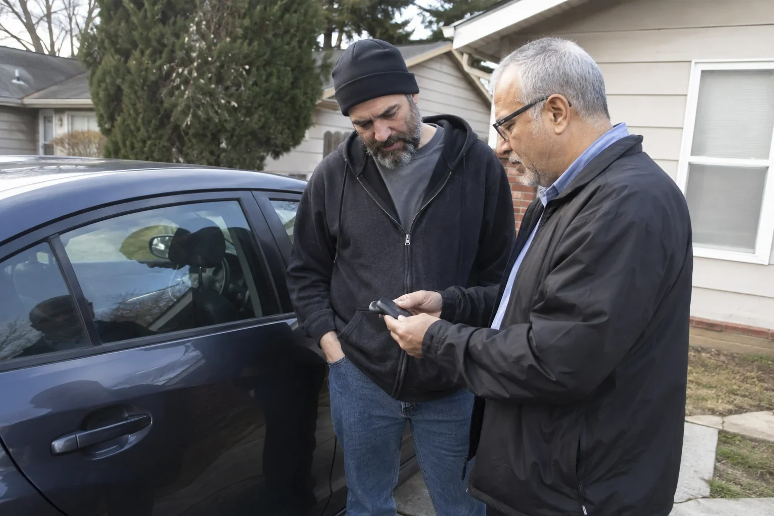 Two adults discussing a key fob beside a parked car.