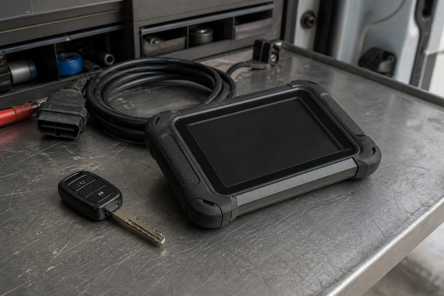 Vehicle key beside a dark diagnostic tablet and coiled connector cable on a workbench.